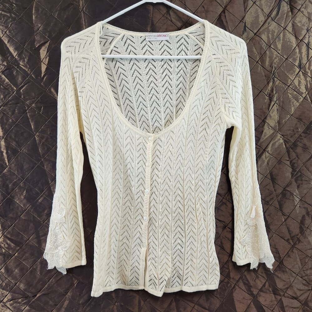 Divina Italy Cream Chevron Knit Pattern Light Cardigan w/ Lace Sleeves